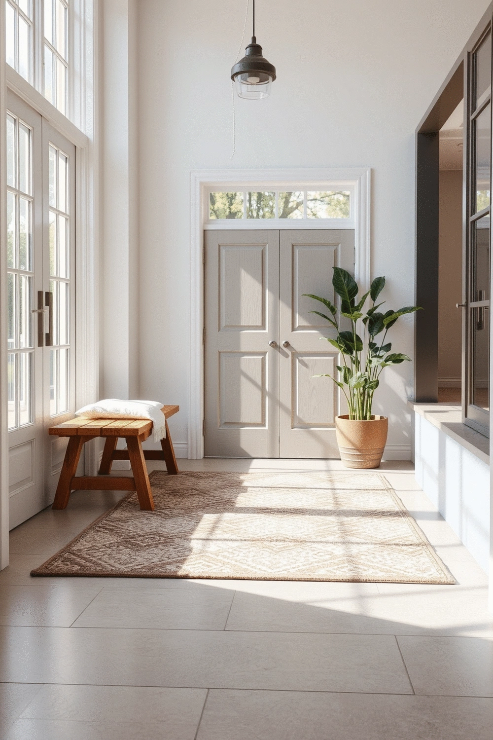 A beautifully styled entryway with a durable rug, a small wooden bench, a decorative plant, and natural light streaming in, creating a welcoming atmosphere.