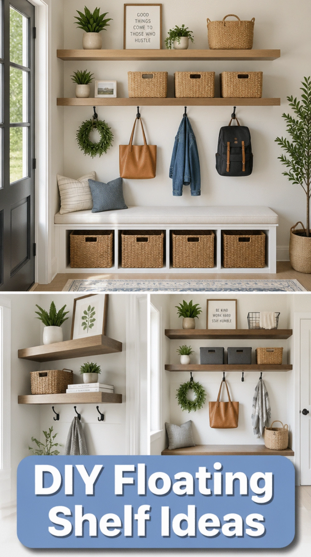 DIY Mudroom Floating Shelf Row Mounted with Invisible Brackets at Two Heights