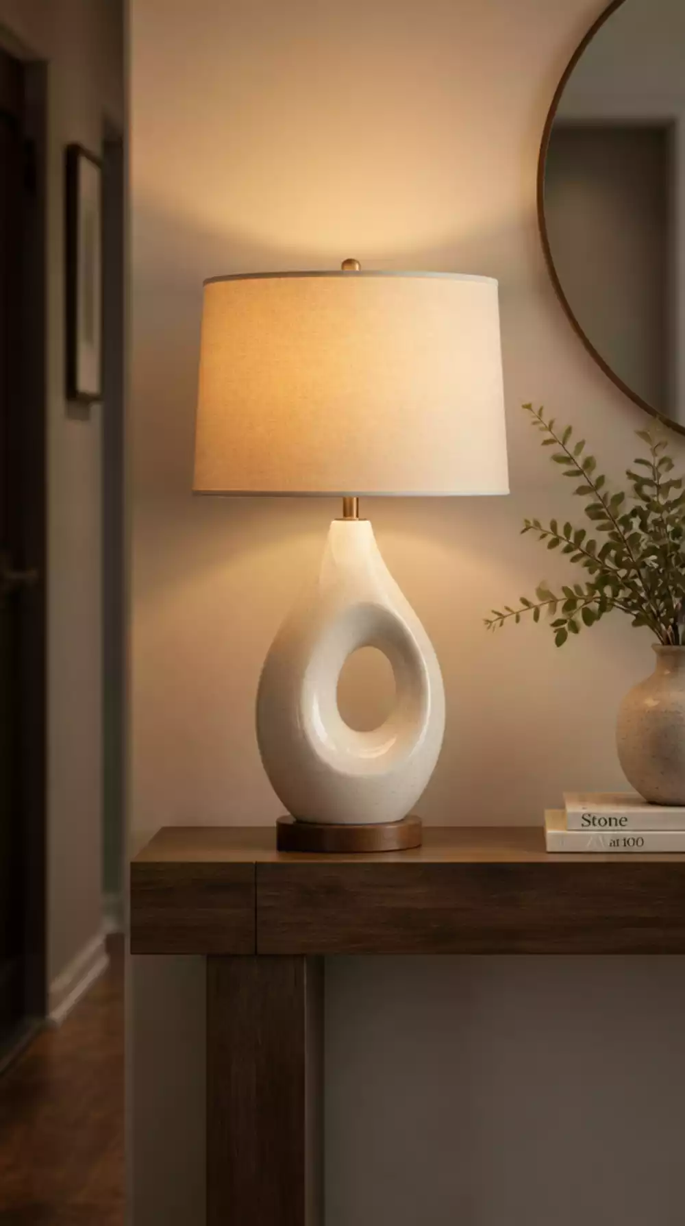 Entryway Ceramic Table Lamp in an Organic Sculptural Shape on a Wood Base
