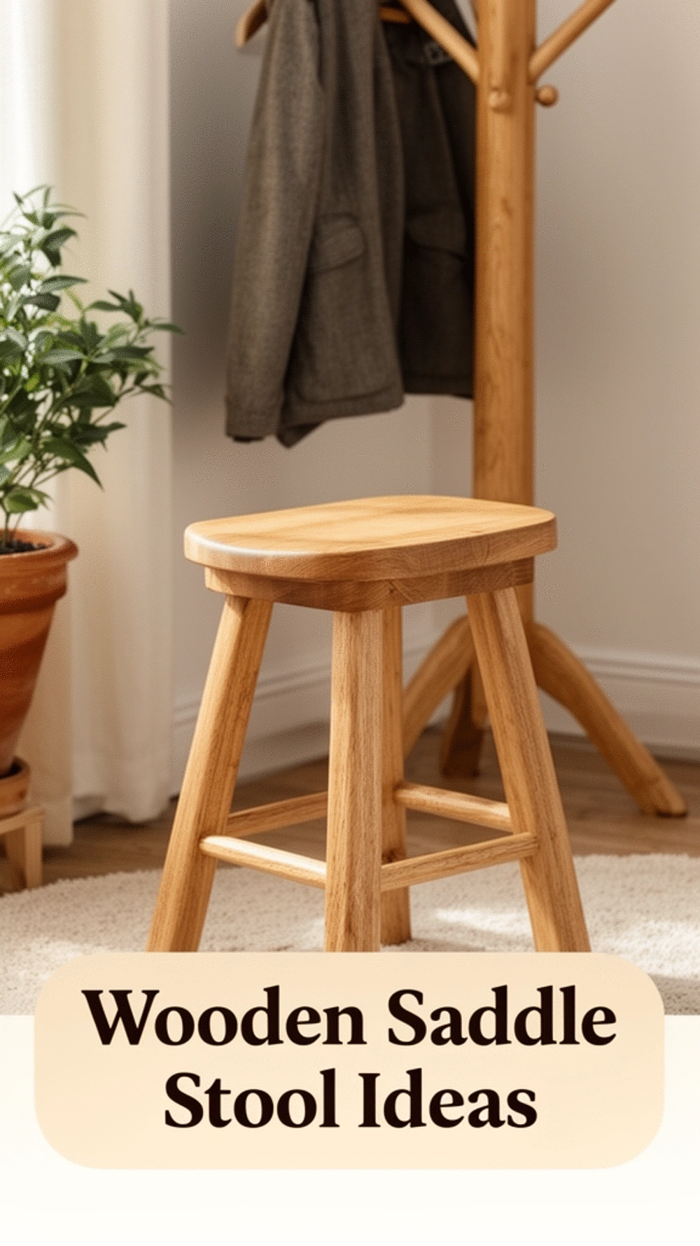 Entryway Wooden Saddle Stool in a Natural Oak or Walnut Finish
