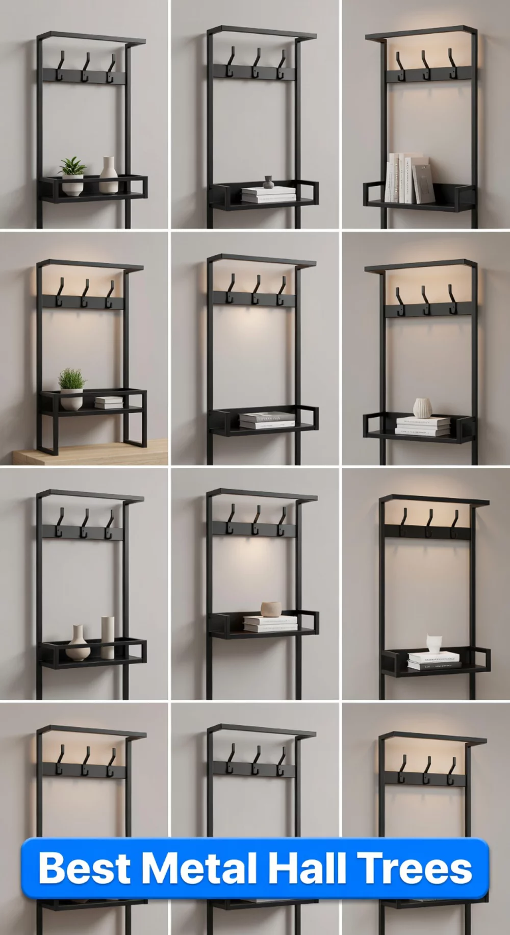 Entryway Hall Tree in Black Metal with Adjustable Hook Heights and a Shelf