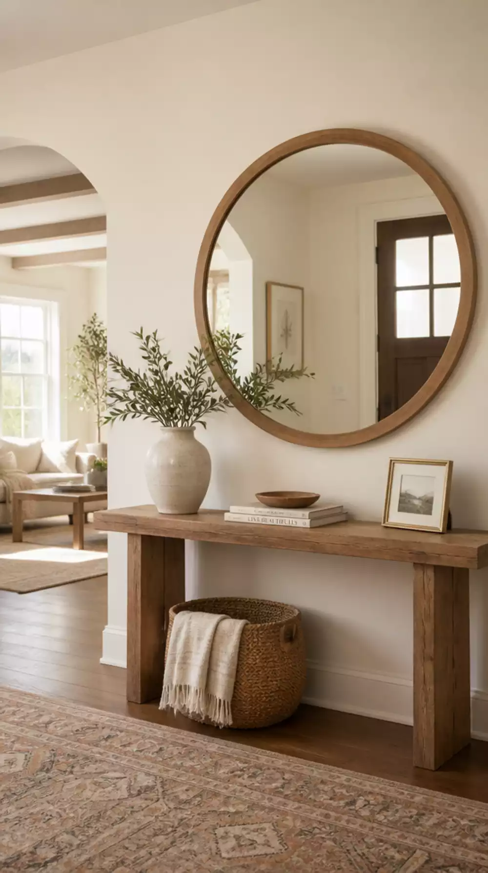 Round Entryway Mirror with a Natural Wood or Rattan Frame