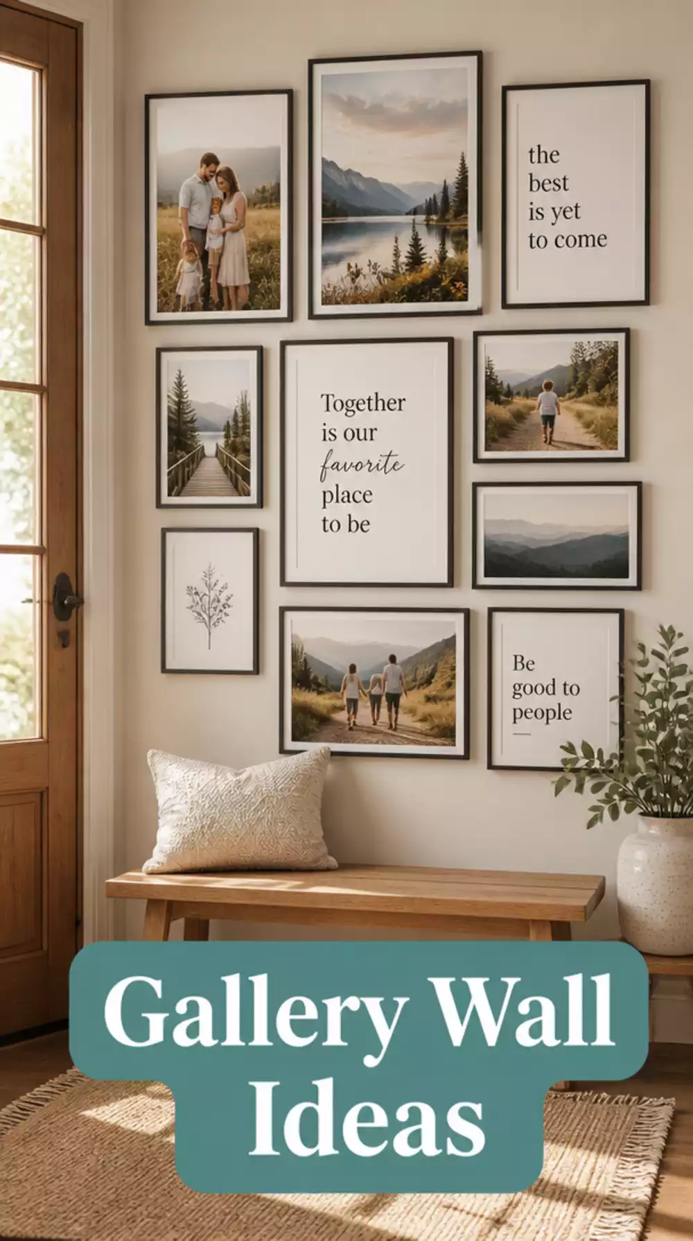 Entryway Gallery Wall with Framed Prints and a Black Thin-Frame Grid