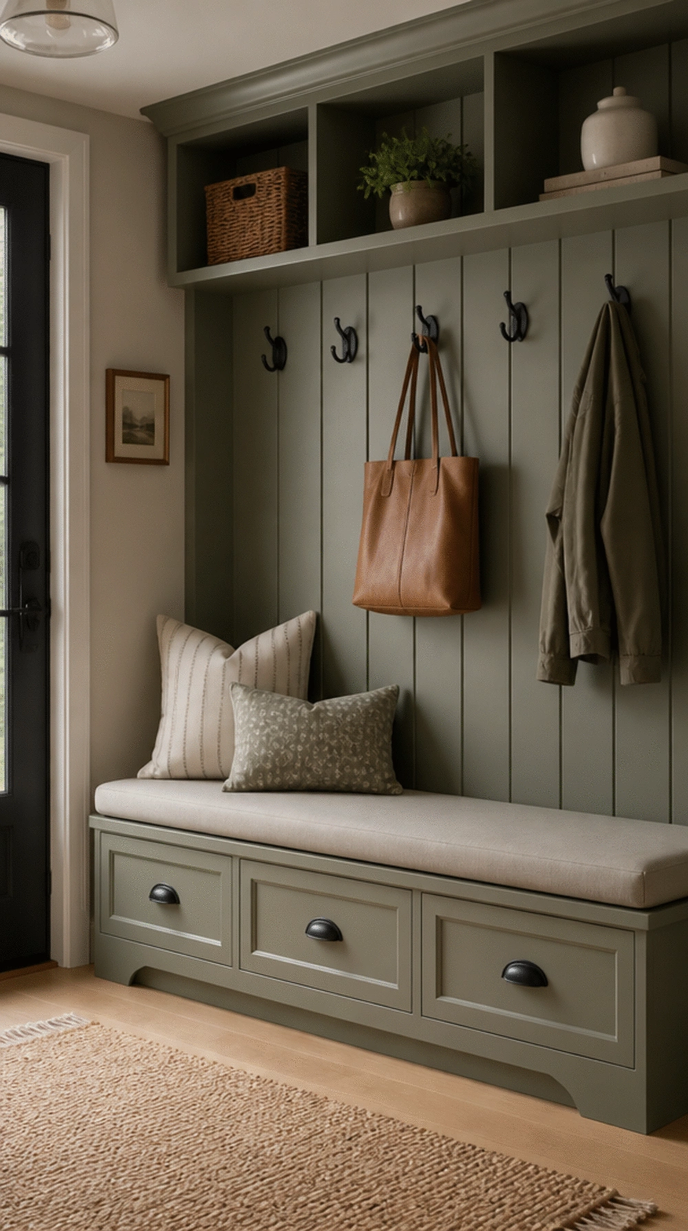 Entryway Sage Green Built-In Bench with Black Iron Hooks Above for Contrast