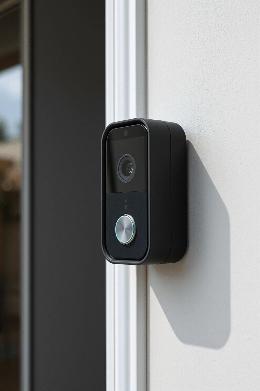 Close-up of a modern smart doorbell with an integrated camera, mounted on a residential doorframe