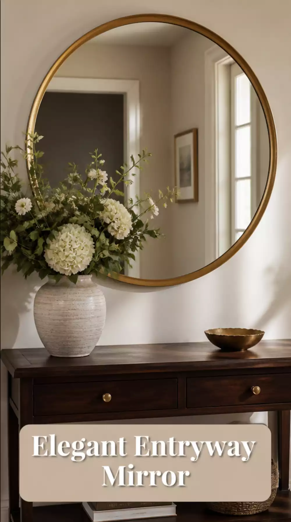 Entryway Round Brass-Frame Mirror That Pairs with a Dark Wood Console
