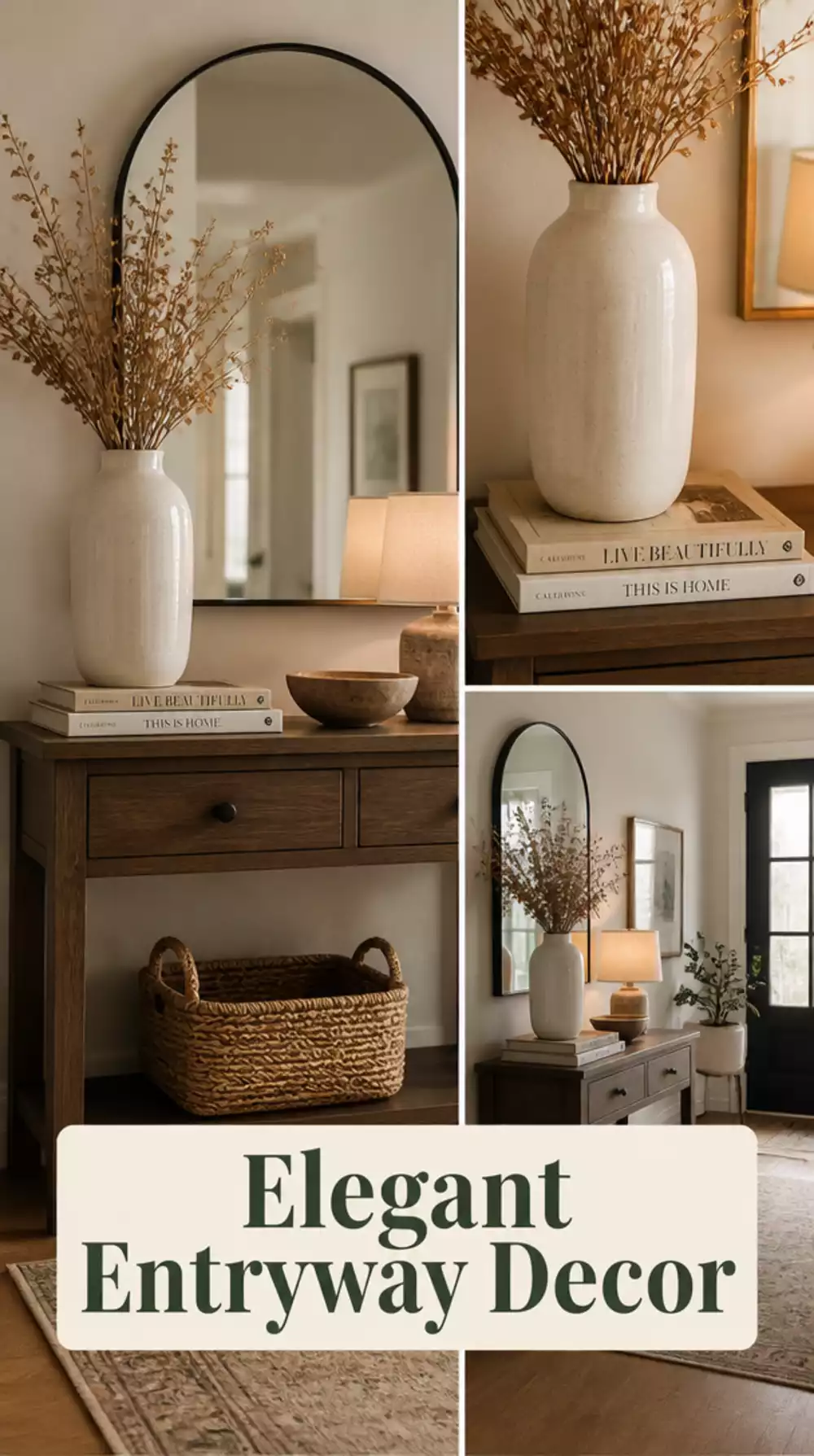 Entryway Console Table with a Tall Sculptural Vase and Dried Stems