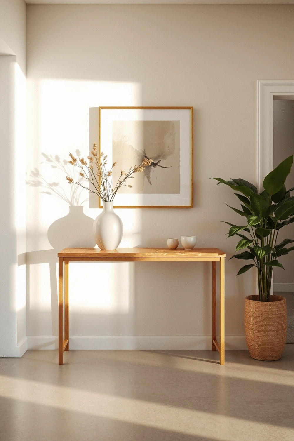 Stylishly arranged entryway with a minimalist console table, a decorative vase with dried flowers, and a framed abstract art piece on the wall.