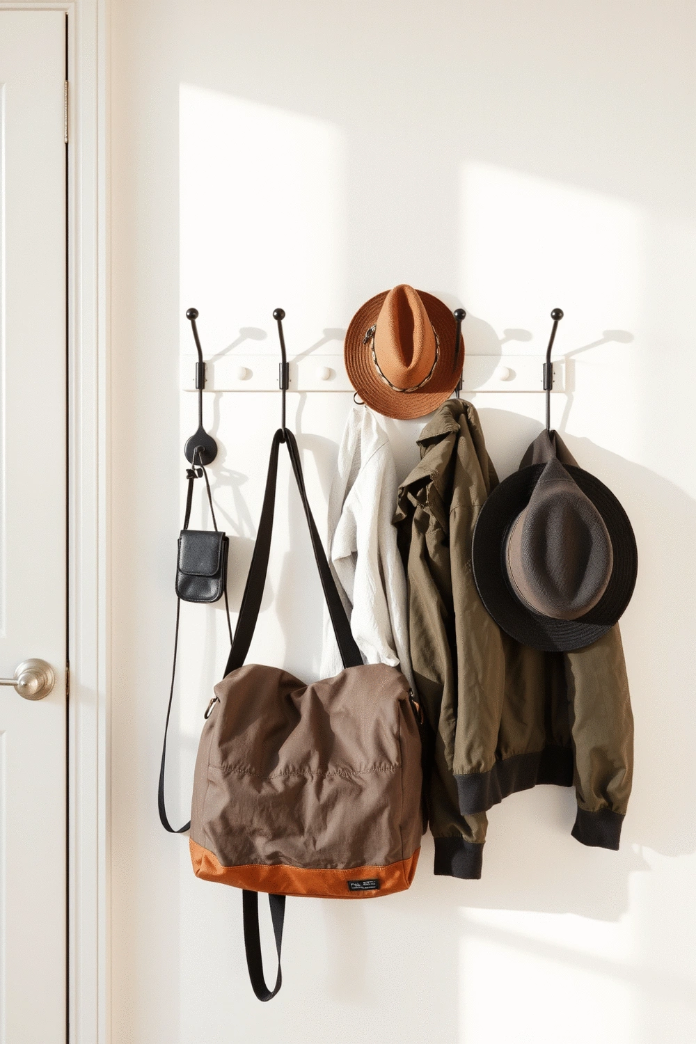 A neat entryway with various hooks holding different items like a messenger bag, a lightweight jacket, and a hat, demonstrating practical organization against a clean wall.