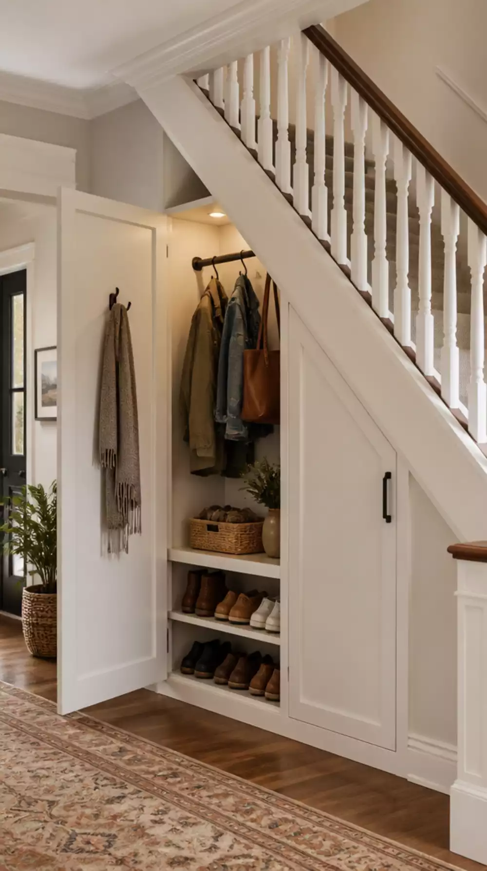 Under-Stair Built-In Cupboard with a Coat Rail and a Row of Shoe Shelves