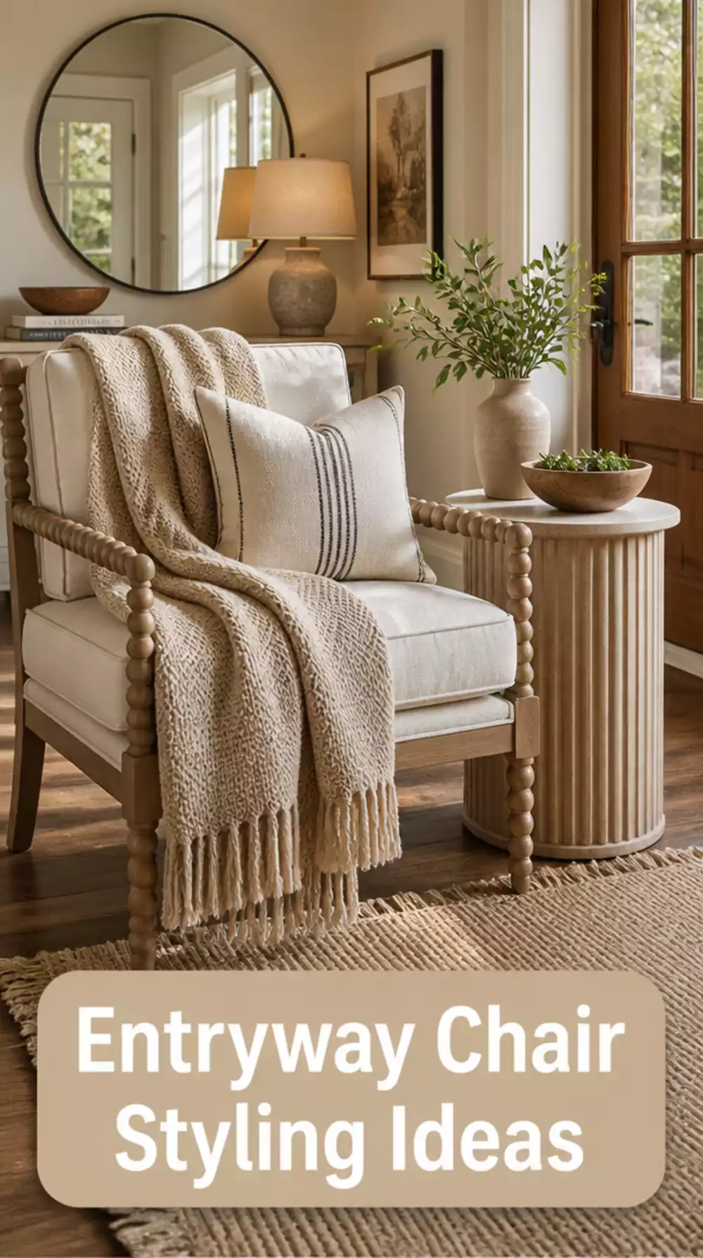 Entryway Chair Styled with a Throw Blanket and a Small Side Table Beside It