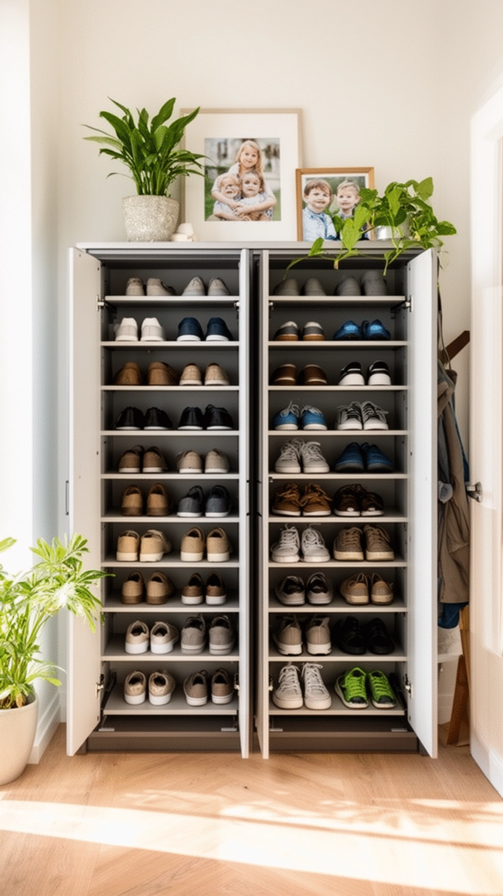 Entryway Double-Column Flip Shoe Cabinet That Holds Sixteen Pairs Total