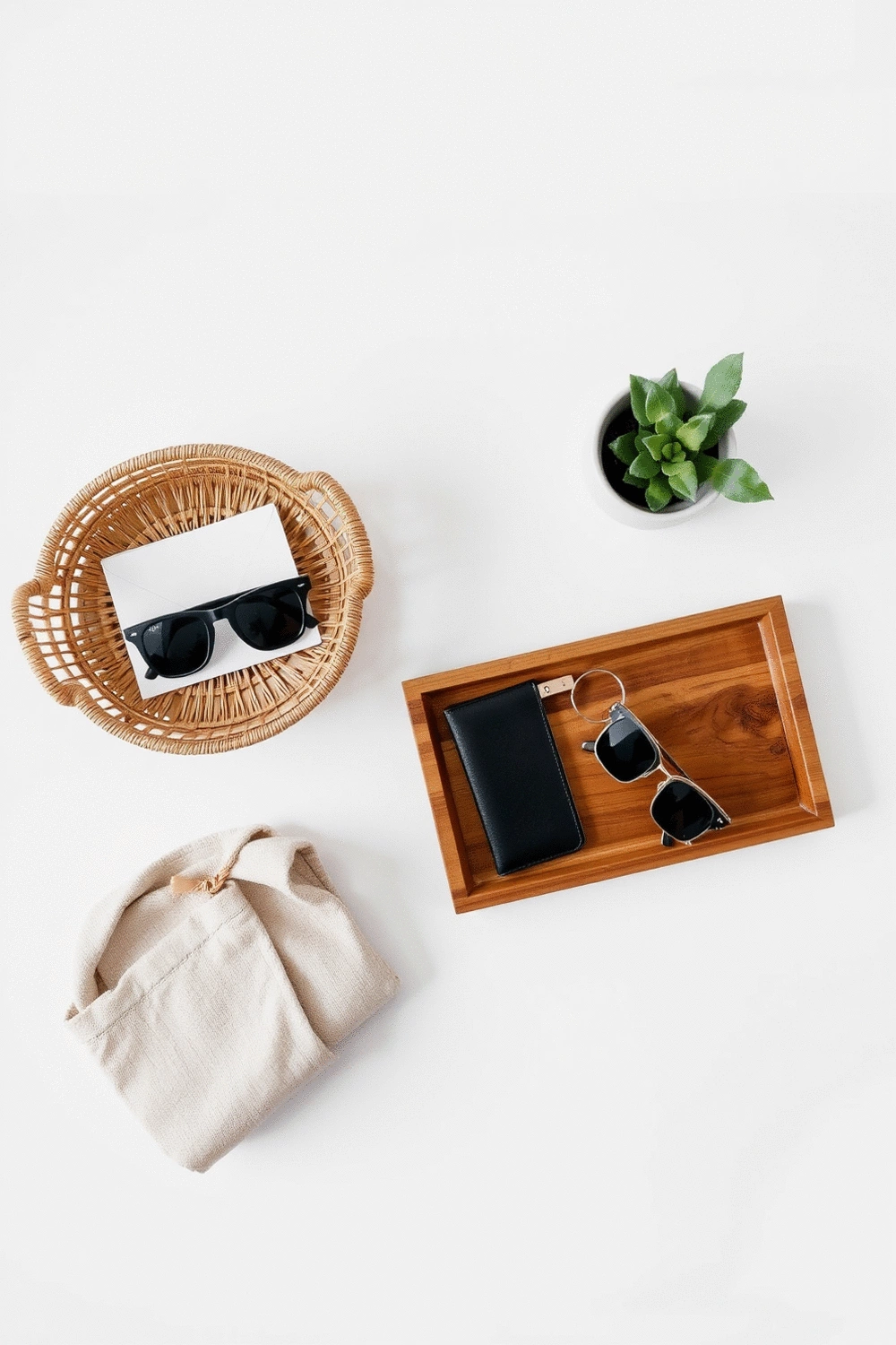 Overhead flat lay of an organized drop zone essentials: a small wooden tray with car keys, a wallet, and sunglasses, next to a decorative basket containing mail and a minimalist plant. Clean, well-lit, and clutter-free.
