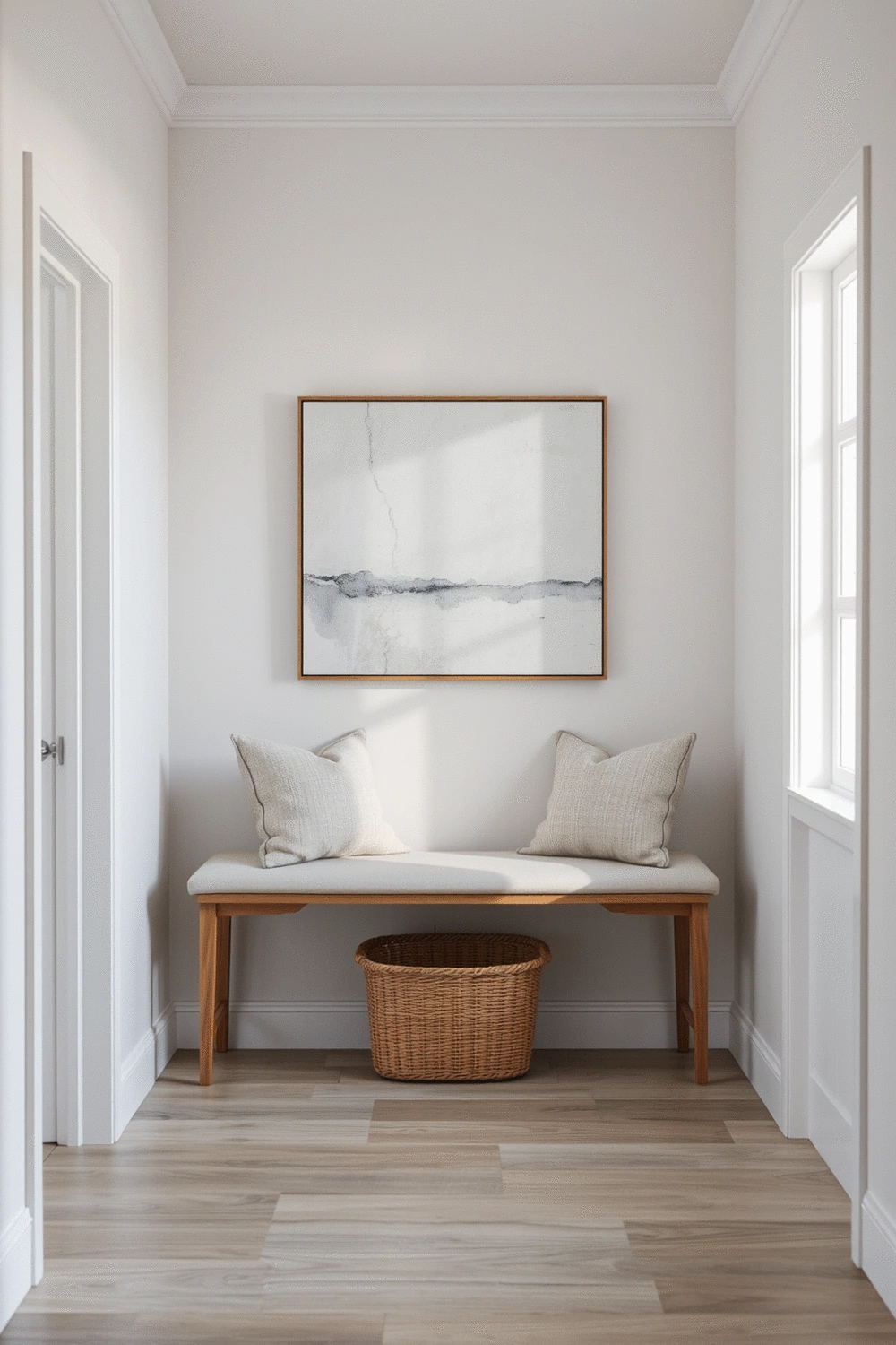 An empty, well-lit entryway featuring a clean, minimalist bench with two decorative throw pillows, a woven basket for storage, and a large abstract painting on the wall.