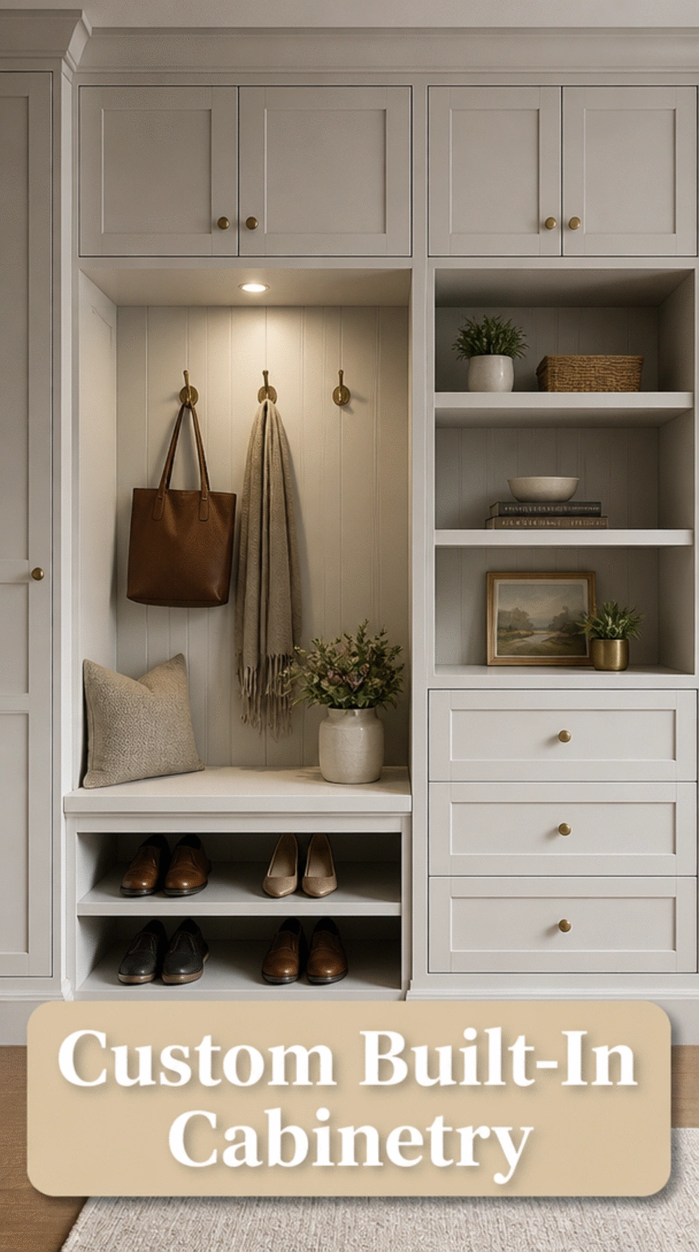 Entryway Custom Built-In Cabinetry in a Painted Shaker Style with Brass Knobs
