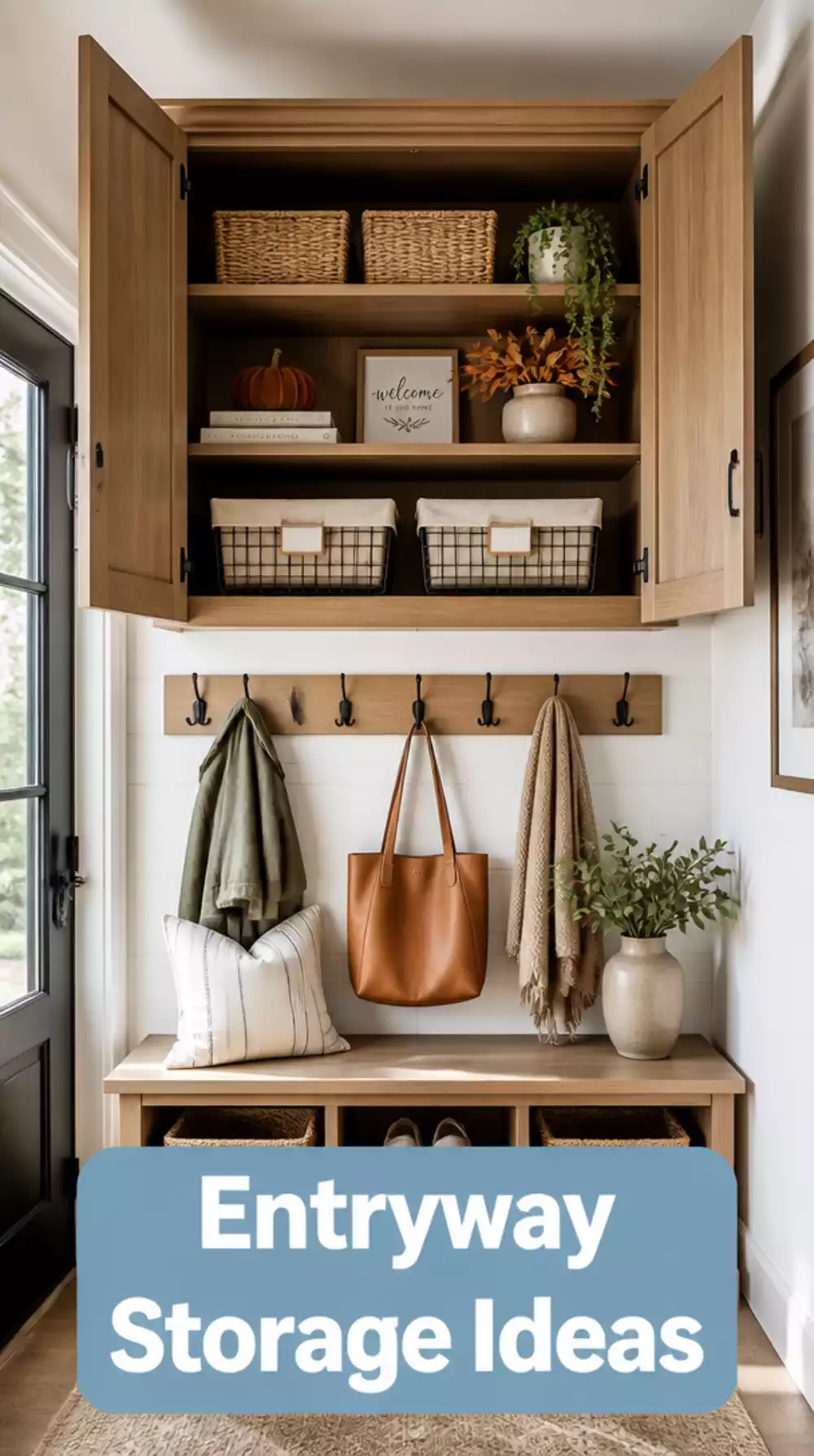 Entryway Locker Upper Cabinet with a Magnetic Closure and Interior Shelf