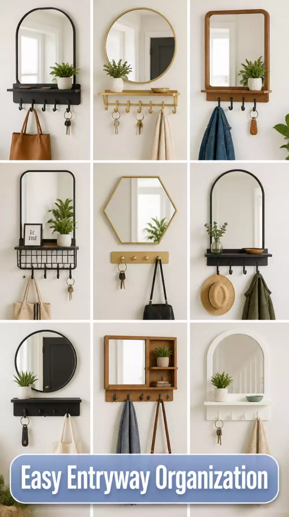 Studio Entryway Small Mirror and Hook Combo Mounted at Eye Level Above a Tray