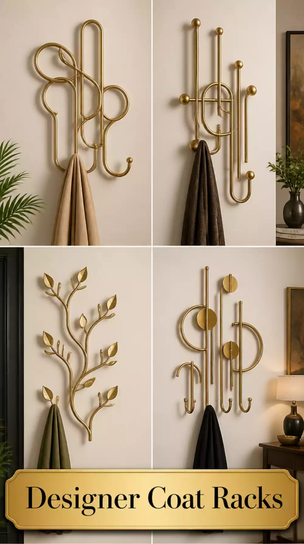 Entryway Designer Coat Rack in Bent Brass That Doubles as Wall Sculpture