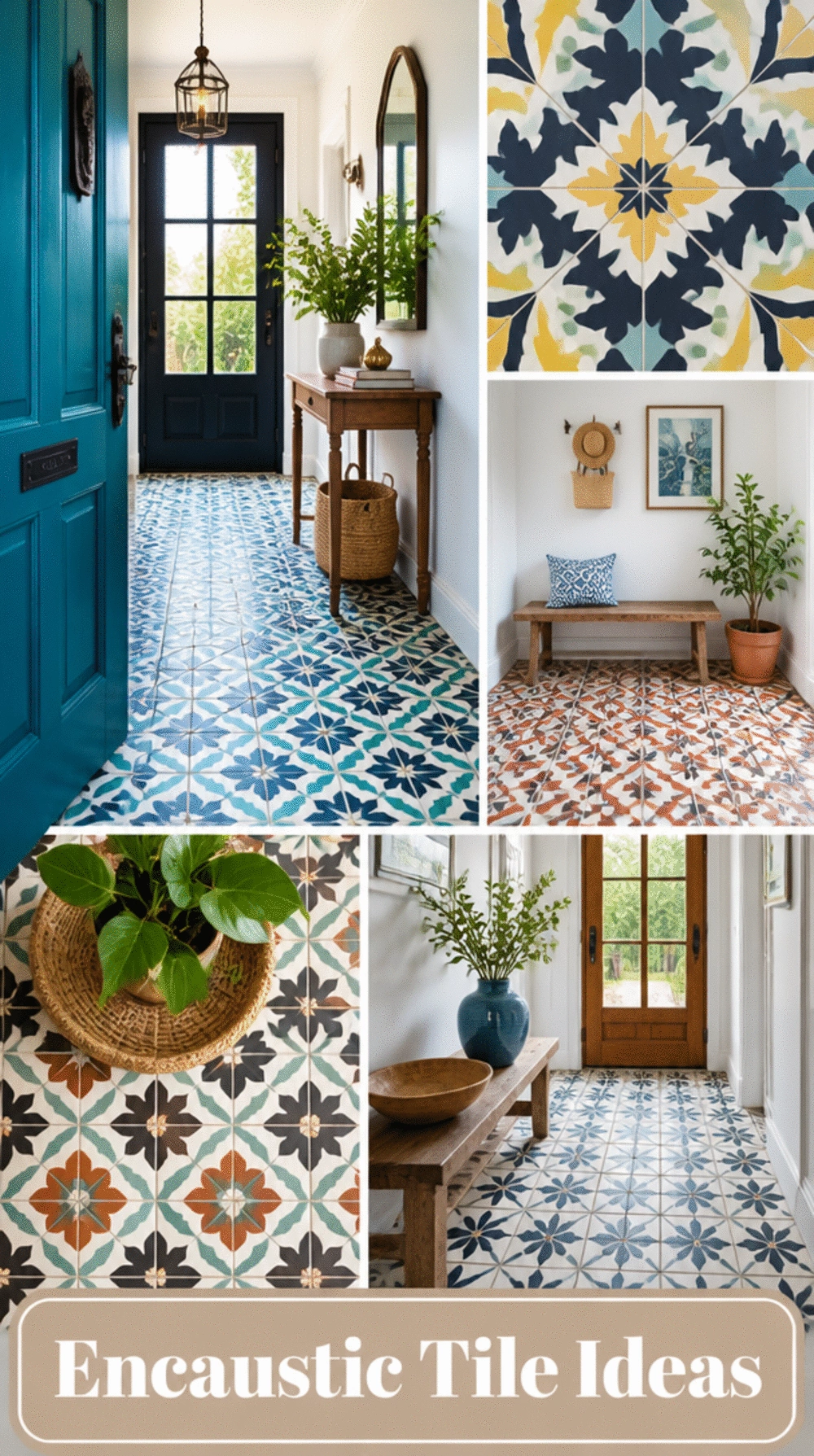 Entryway Encaustic Cement Tile in a Bold Repeating Pattern for Visual Impact