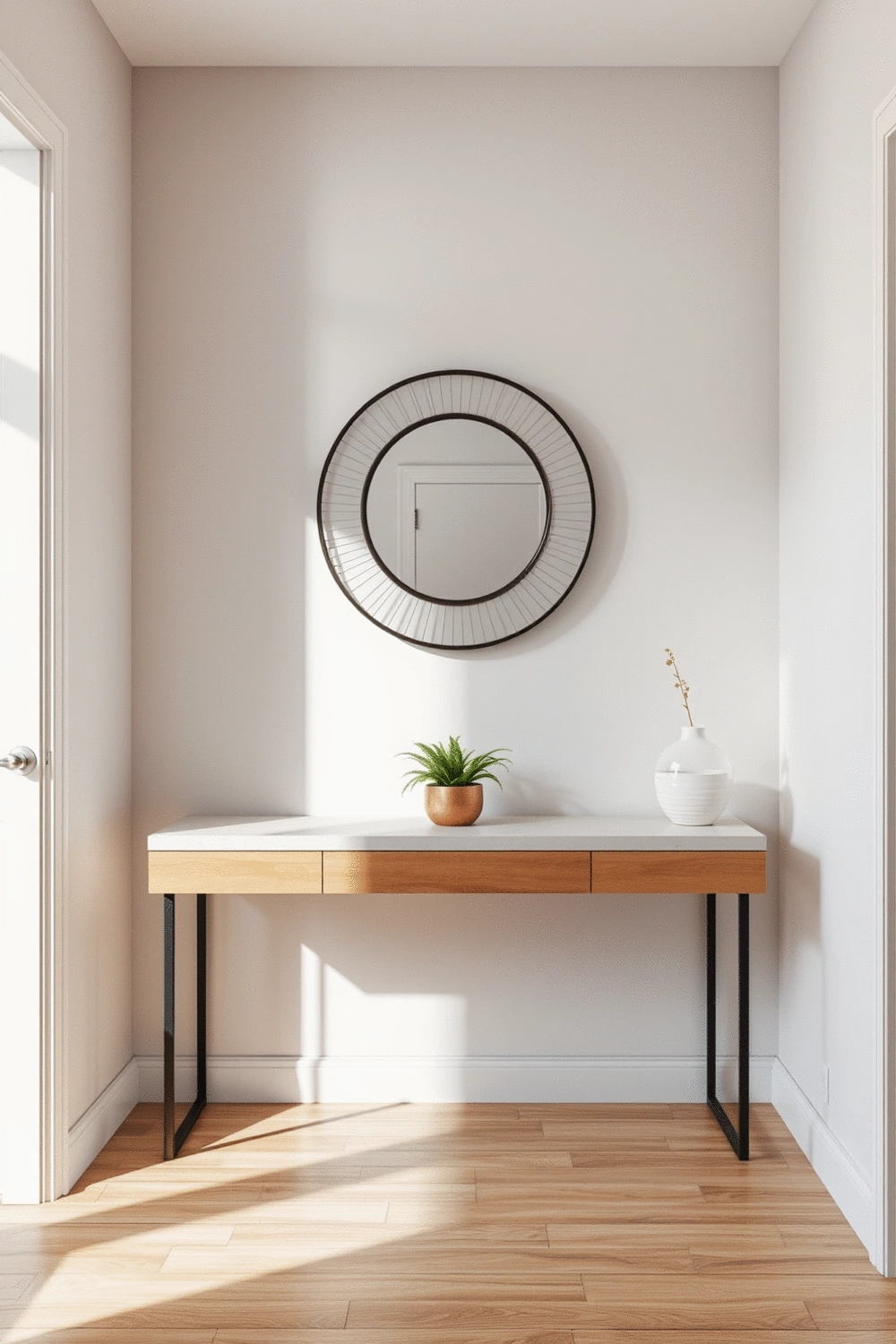 Modern entryway with a sleek console table, a decorative mirror, and a small potted plant, showcasing a clean and organized aesthetic.