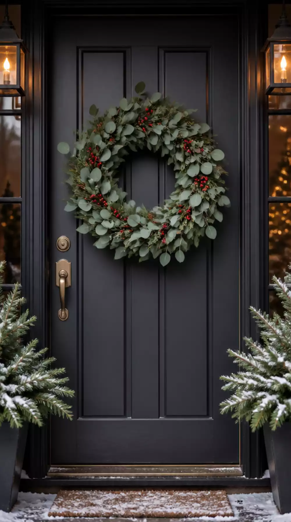 Entryway Christmas Wreath on a Front Door in Fresh Eucalyptus and Red Berry