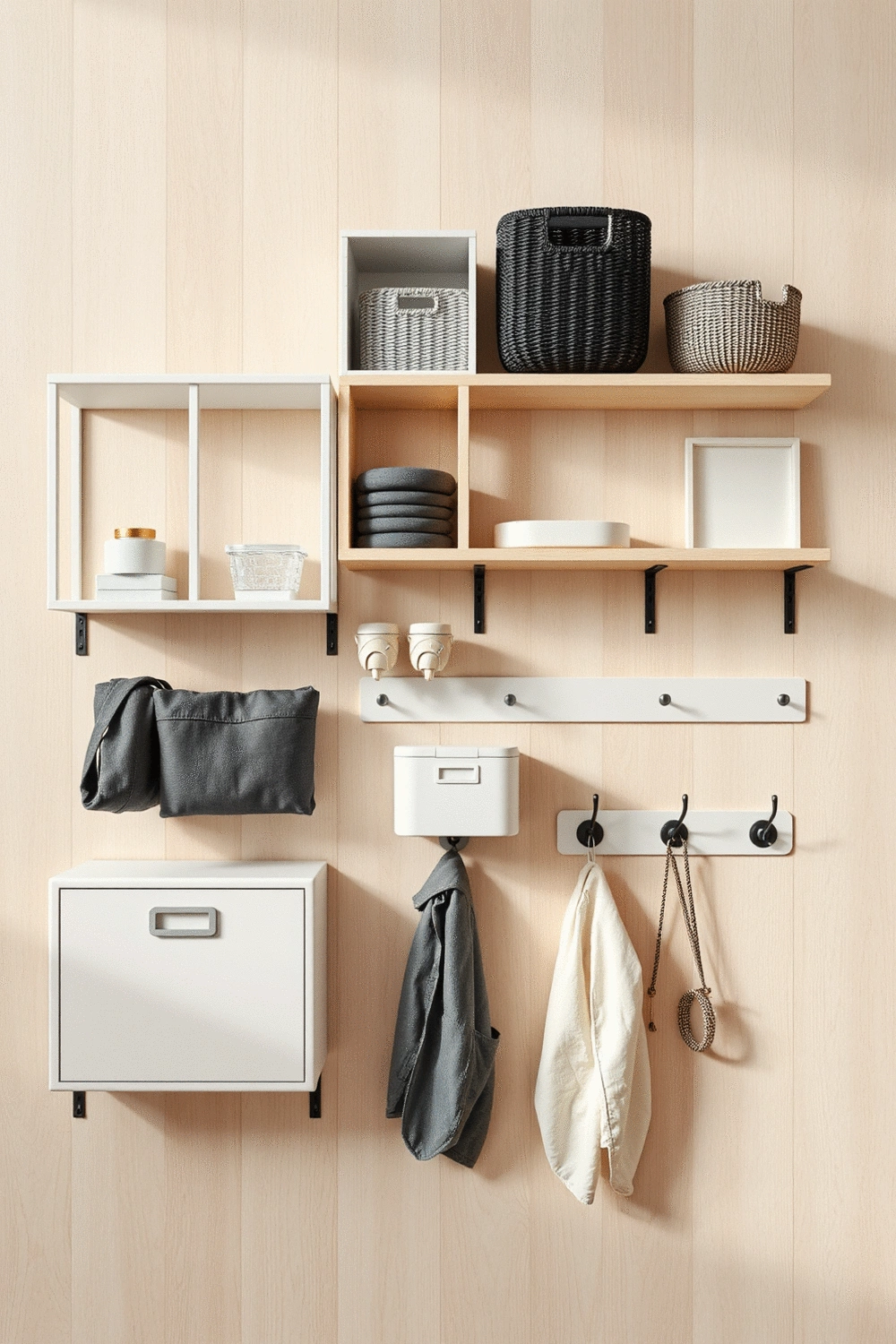 Stylized flat lay of various entryway organization tools: modular shelving units, decorative storage bins, and elegant coat hooks arranged neatly on a light wood surface.