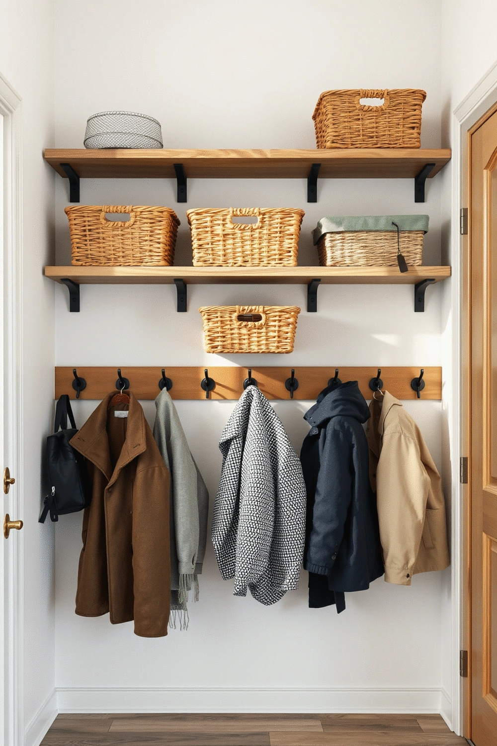 Wall-mounted shelves with neatly organized baskets and hooks for coats, demonstrating efficient vertical storage solutions in an entryway.