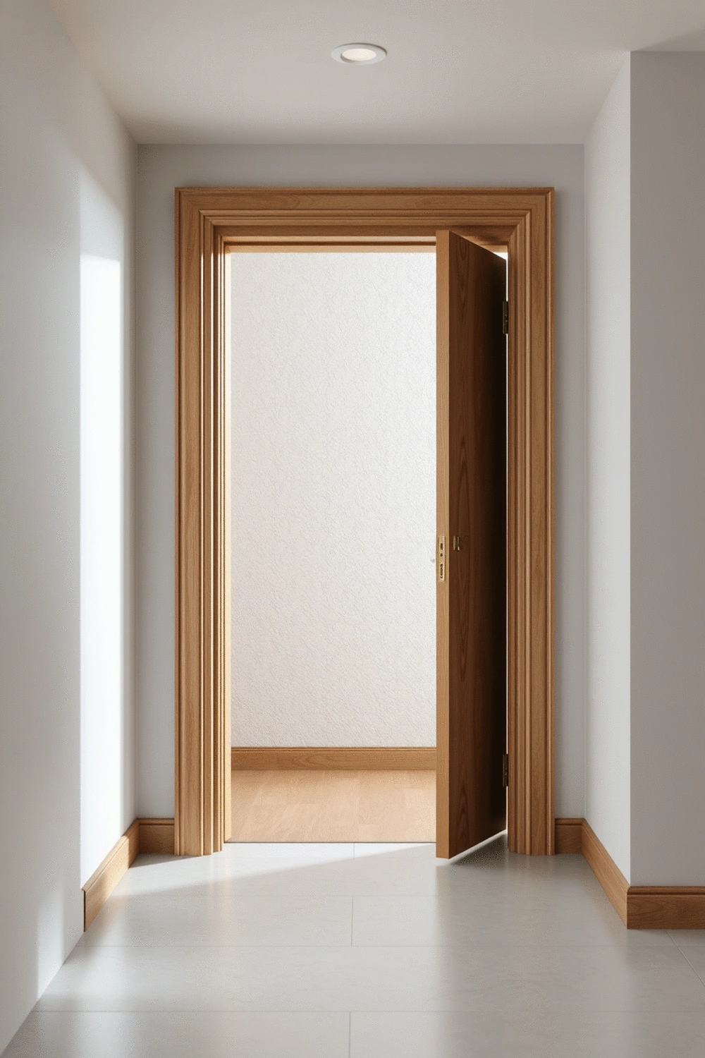 Interior view of an entryway with a thick, solid core door slightly ajar, revealing sound-absorbing insulation material inside the wall