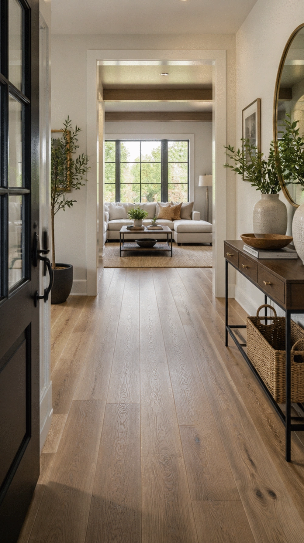 Entryway Hardwood or Engineered Wood Plank That Flows from Hall to Living Room