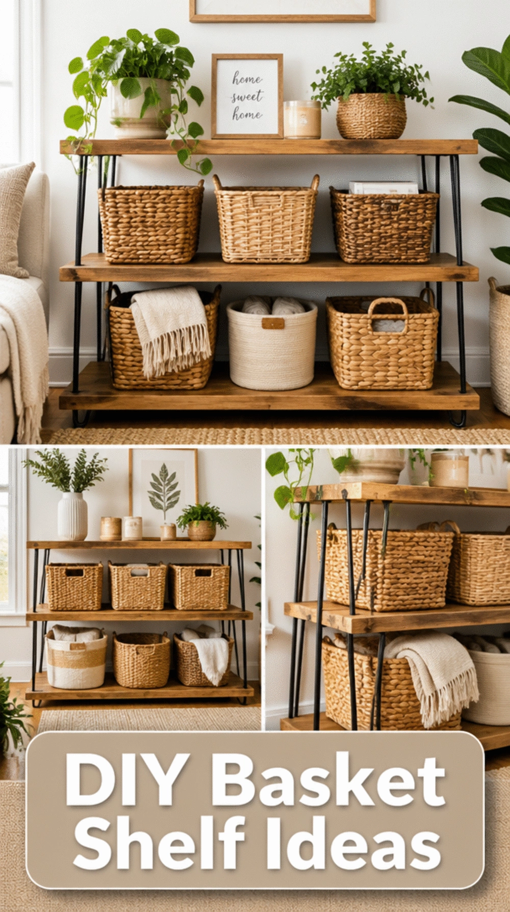 DIY Mudroom Basket Shelf Built from Three Horizontal Boards and Hairpin Legs