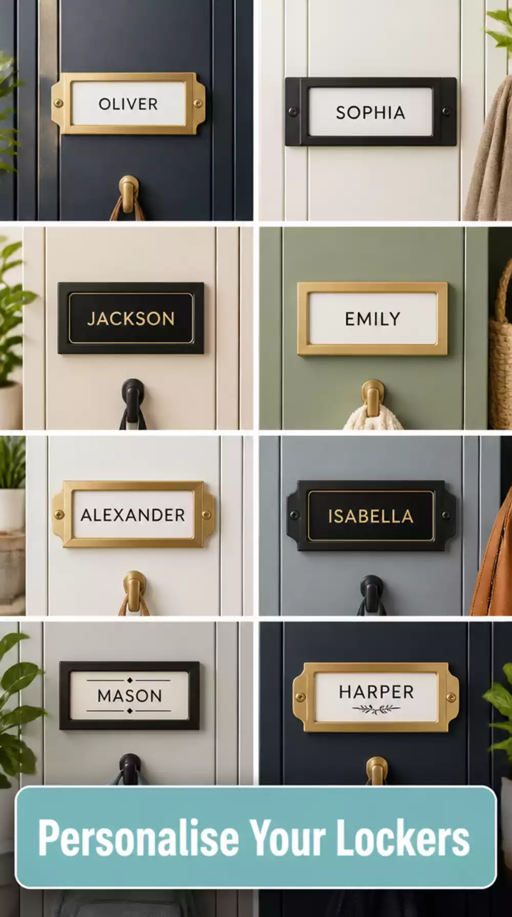 Entryway Locker Name Label in a Brass or Black Frame That Personalises Each Door
