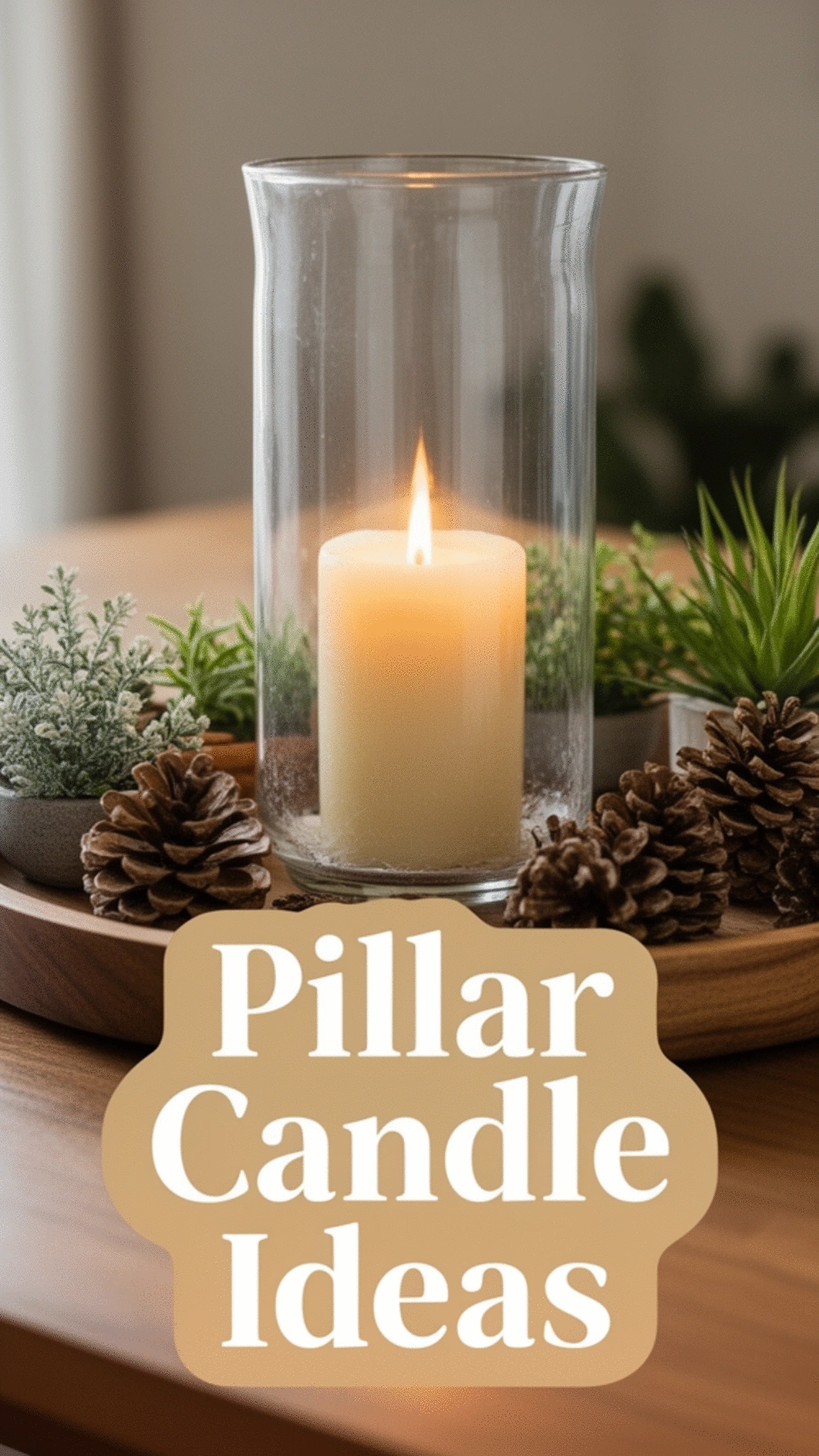 Entryway Pillar Candle in a Tall Glass Hurricane on a Low Wooden Tray