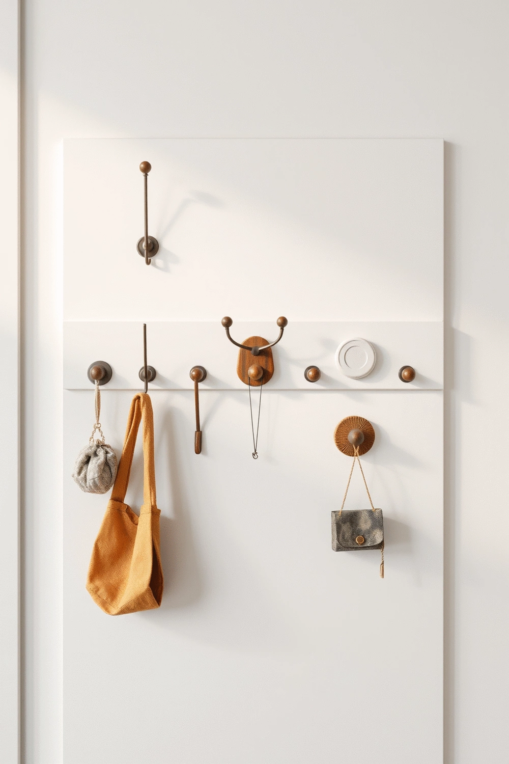 Stylized entryway with various types of hooks on a minimalist wall panel, showcasing organization.