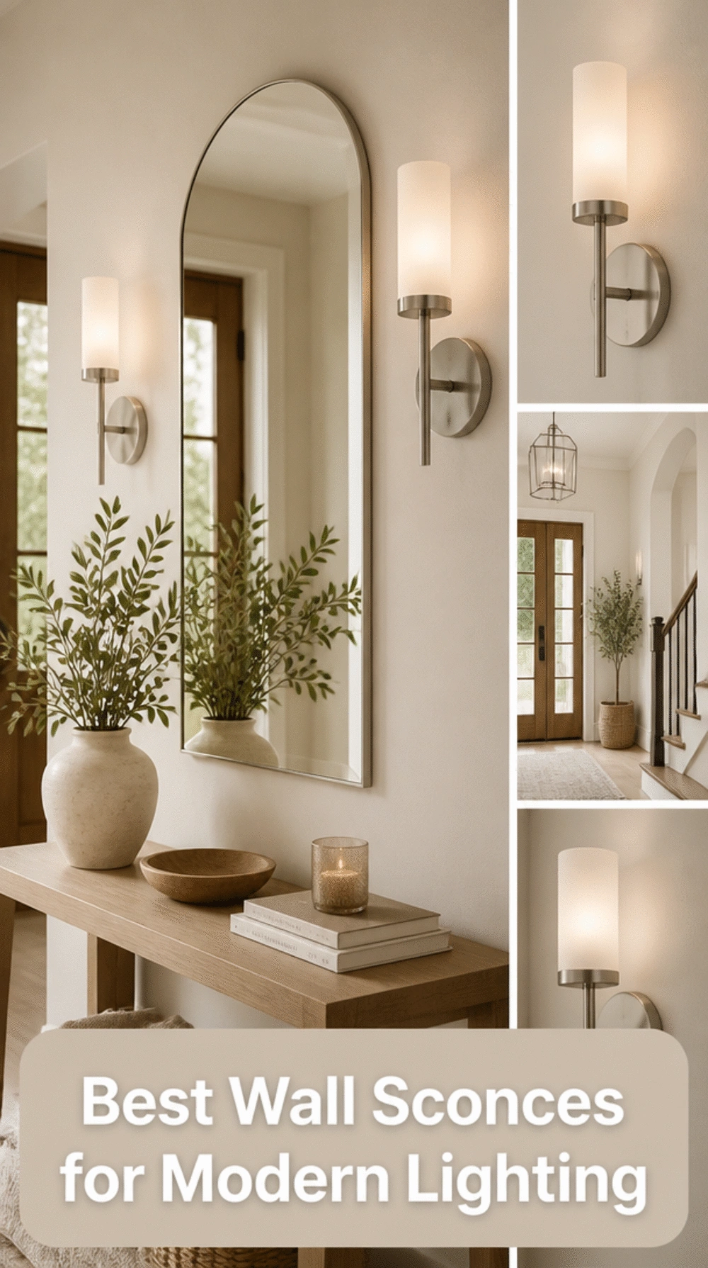 Entryway Brushed Nickel Wall Sconce Paired with a Frameless Arched Mirror