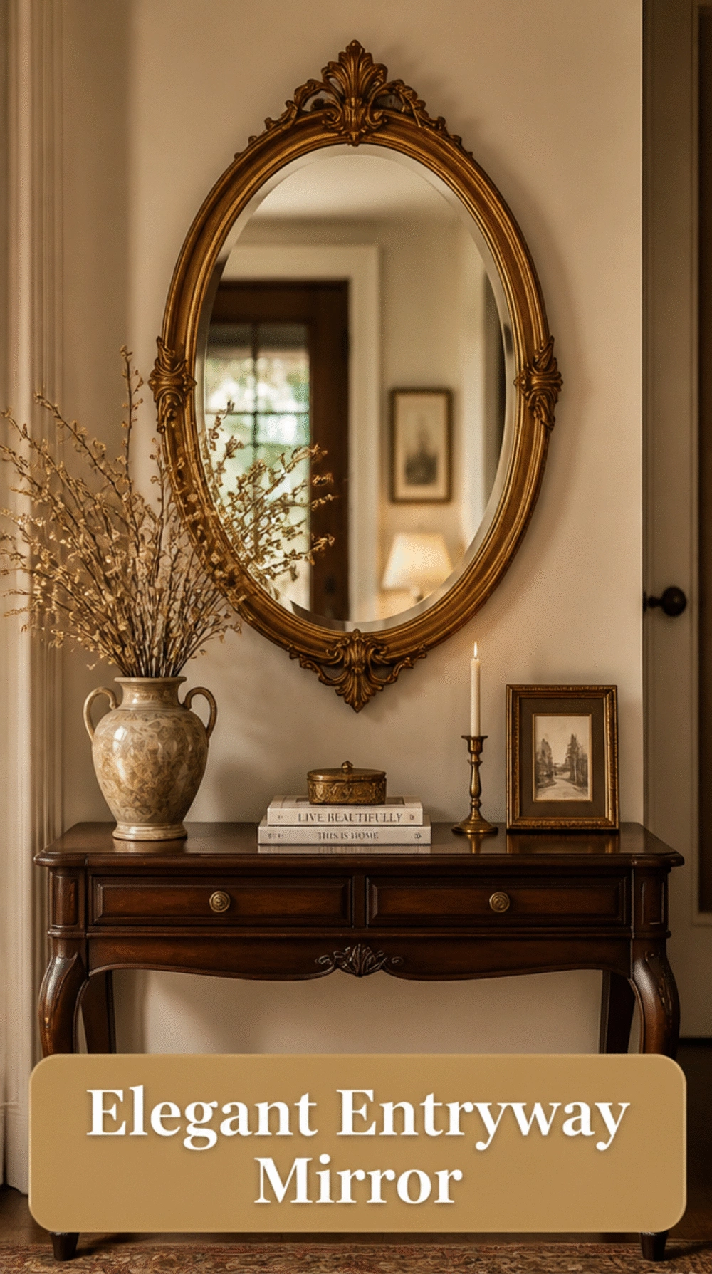 Entryway Gilt-Frame Oval Mirror Hung Above a Dark Wood Console Table