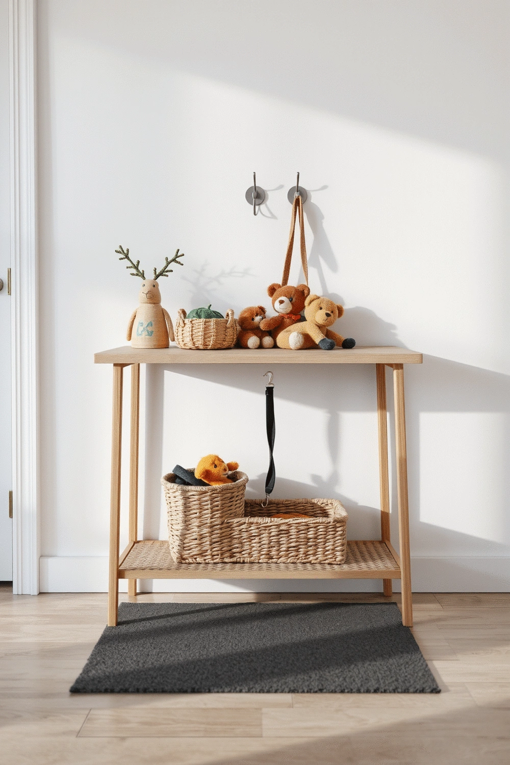A stylish entryway console table with a decorative basket holding pet toys, a leash hanging on a hook, and a small, durable mat.