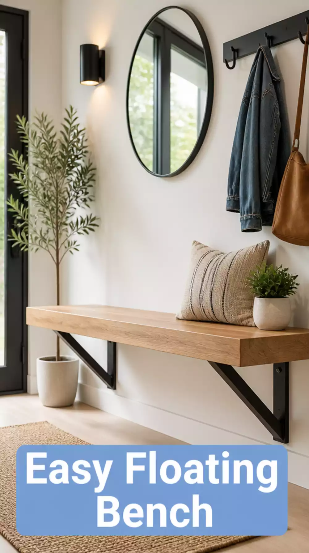 DIY Entryway Floating Bench Mounted Directly to Wall Studs with Steel Brackets