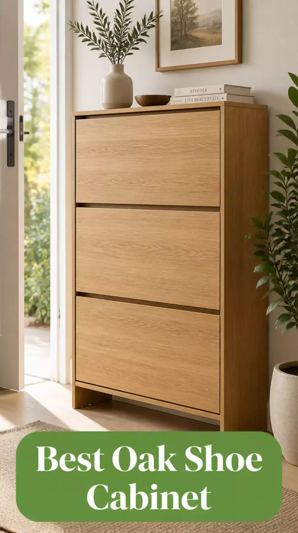 Entryway Shoe Cabinet in Natural Oak Veneer with a Push-to-Open Front