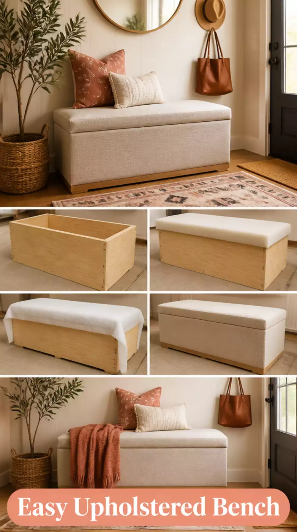 DIY Entryway Upholstered Bench Built from a Plywood Box with Foam and Fabric