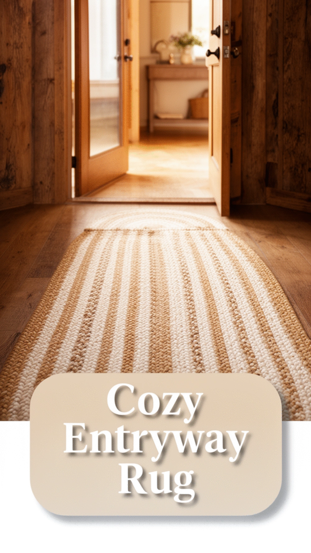 Entryway Cotton Braided Runner Rug in a Cream and Tan Stripe Pattern
