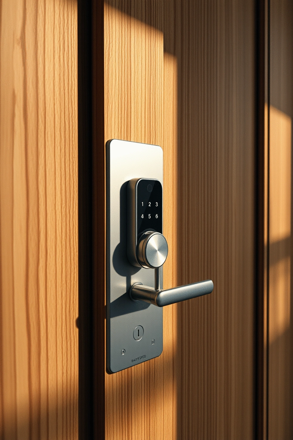 Modern smart lock on a wooden door, sleek design, secure entry system