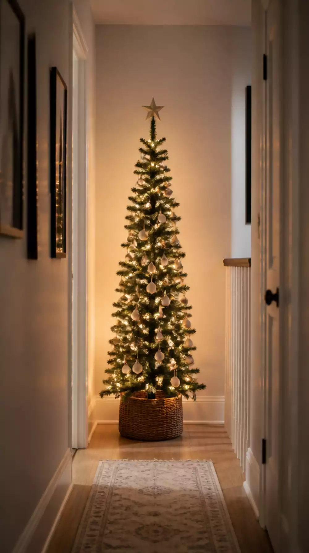 Entryway Christmas Tree in a Slim Pencil Shape That Fits a Narrow Hallway