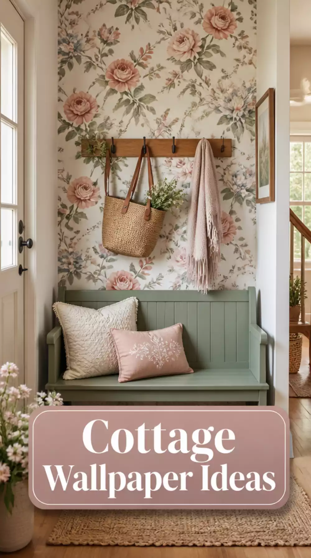 Cottage Entryway Floral Wallpaper on a Single Alcove Wall Behind the Bench