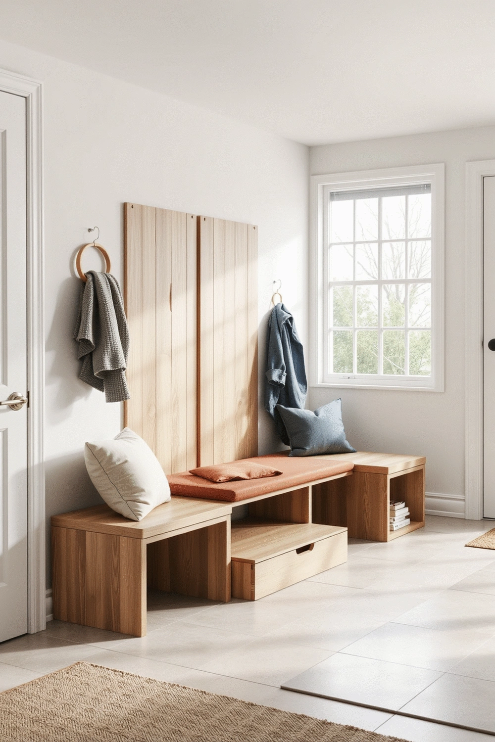 Modular entryway bench system with interchangeable components, showcasing versatility, in a contemporary home