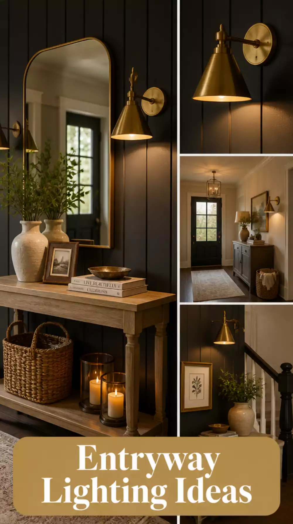 Entryway Brass Wall Sconce with a Cone Shade on a Dark Paneled Wall