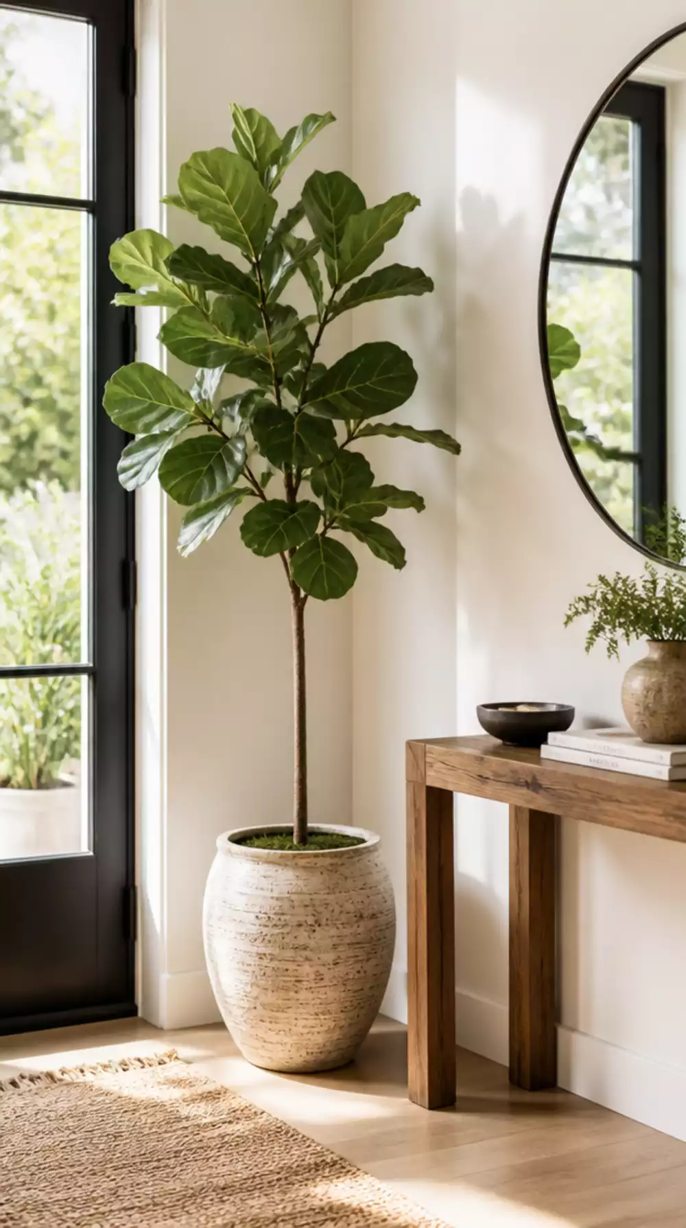 Entryway Tall Floor Plant in a Textured Ceramic Pot That Fills a Corner