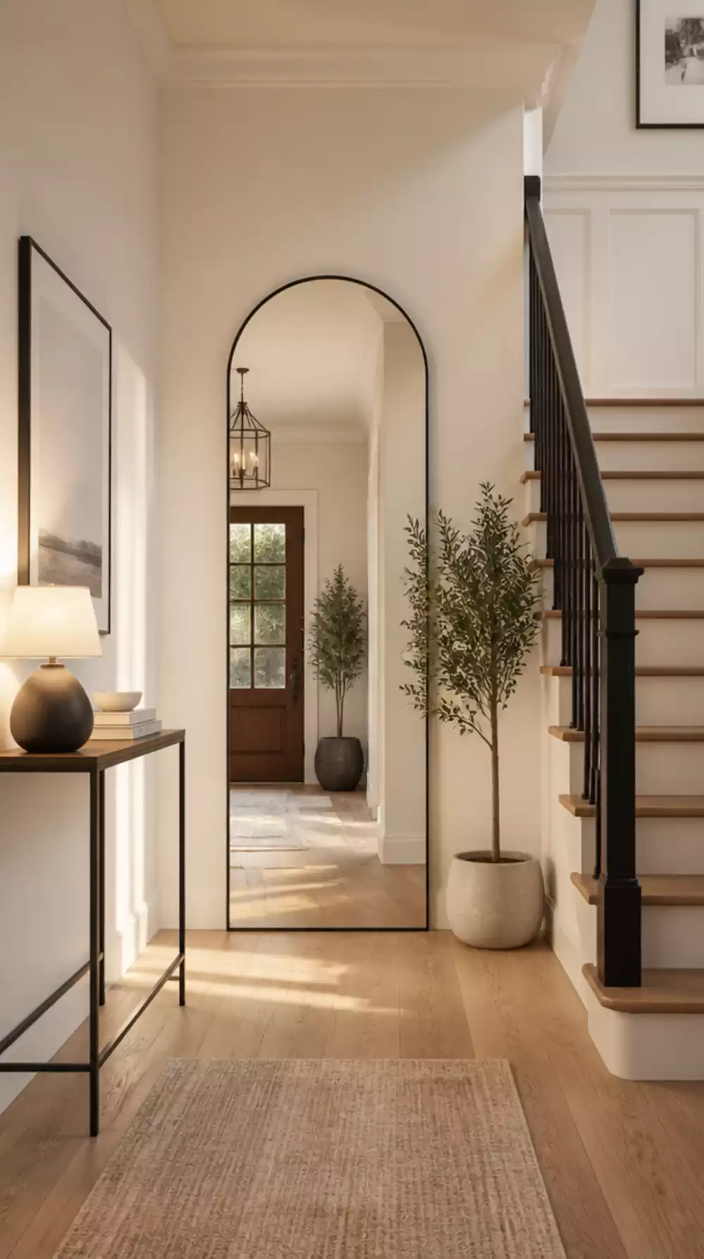 Foyer Tall Arched Mirror That Fills an Entire Wall Beside the Staircase