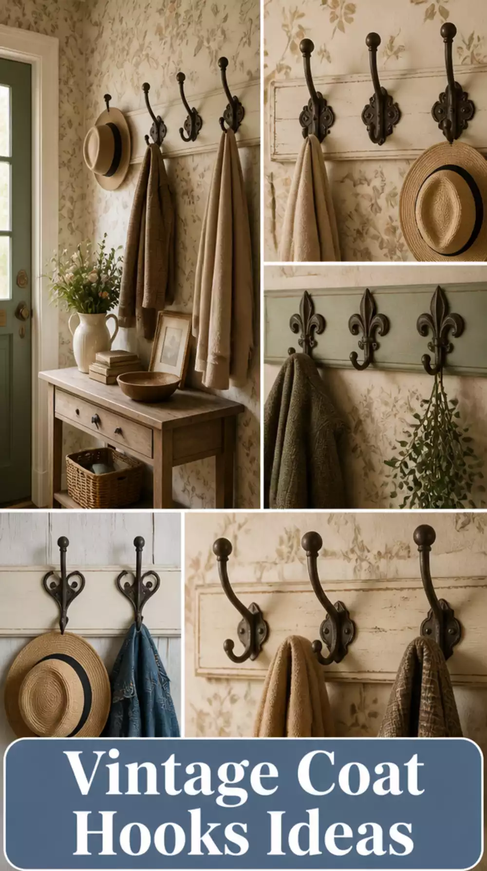 Entryway Vintage-Style Cast Iron Coat Hooks Mounted on a Painted Timber Rail