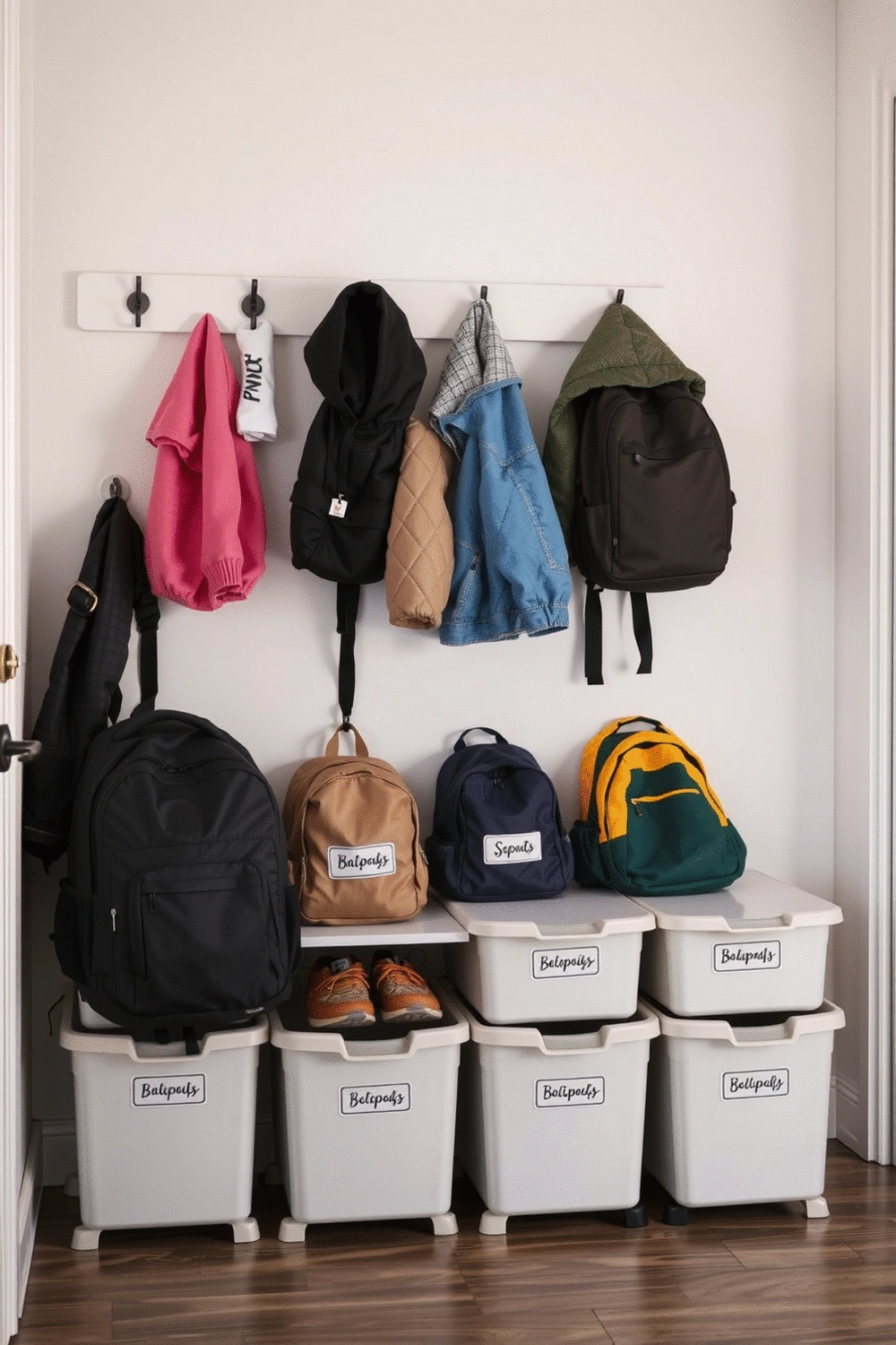 Entryway with neatly organized shoes on a rack, jackets on hooks at child height, and labeled storage bins for backpacks