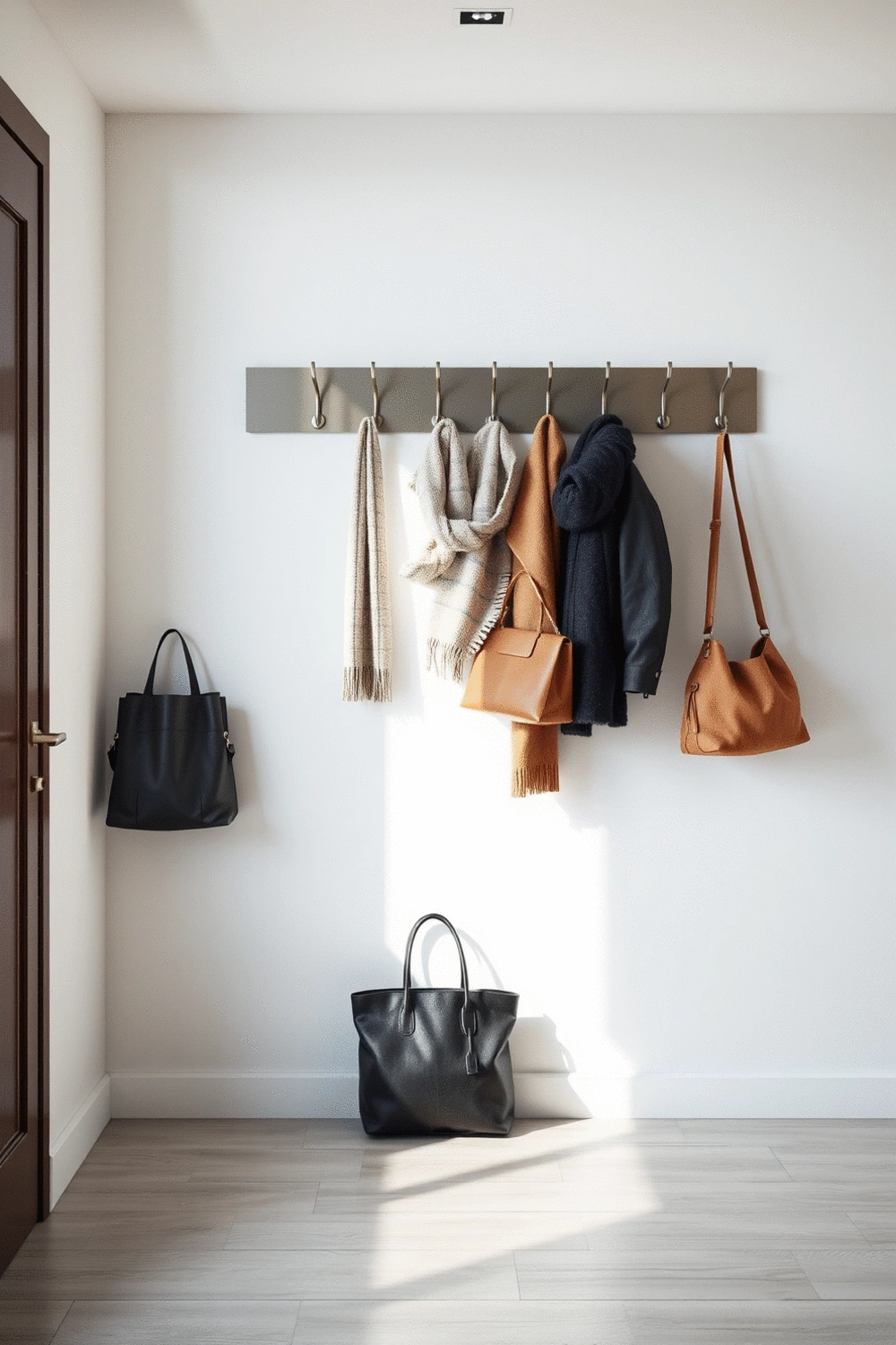 Modern entryway with a sleek wall-mounted coat rack and neatly organized outerwear
